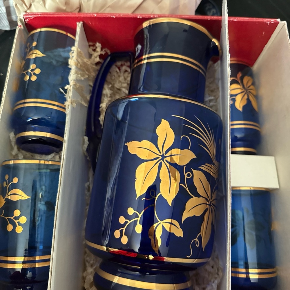 Blue and Gold Floral Glassware Set